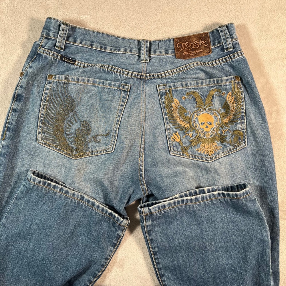 Marc Ecko Cut & Sew Bootcut Jeans Mens 36x29 Medium Wash Skull Eagle Embroidered